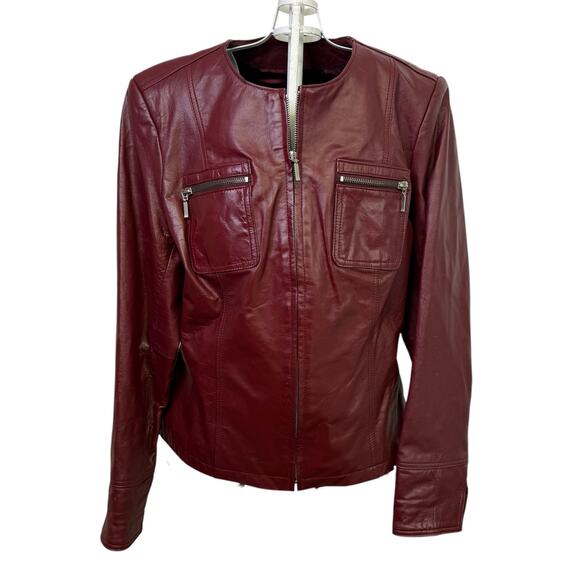 Red Lamb Leather Jacket Size 8 Uniform John Paul Richard Biker Zip Front Coat - Picture 1 of 7